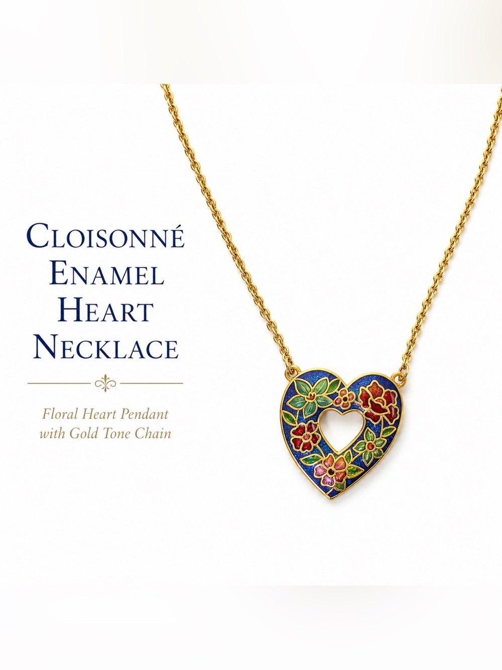 Vintage Cloisonné Floral Heart Necklace Gold Tone Enamel Pendant Signed